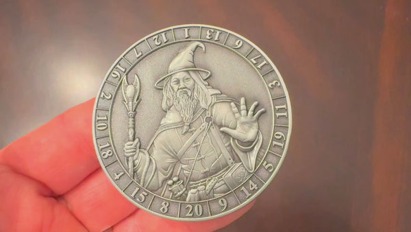 Load and play video in Gallery viewer, Video showing Wizard Dice Coin spinning on base