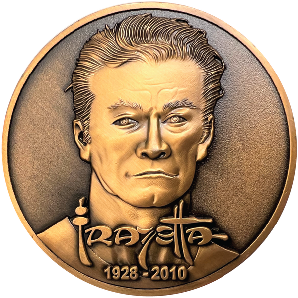 Load image into Gallery viewer, Copper metal coin showing Frazetta portrait, name, and years 1928-2010