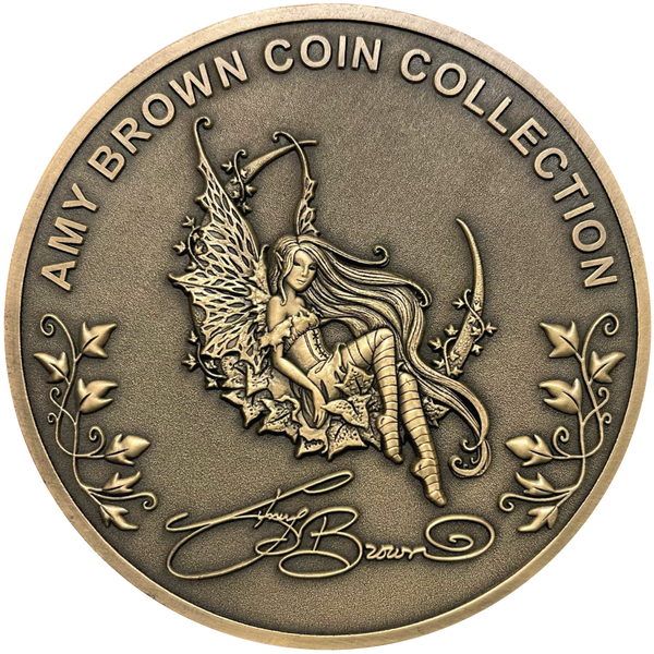 Load image into Gallery viewer, Gold metal coins showing fairy, leaves, and words Amy Brown Coin Collection