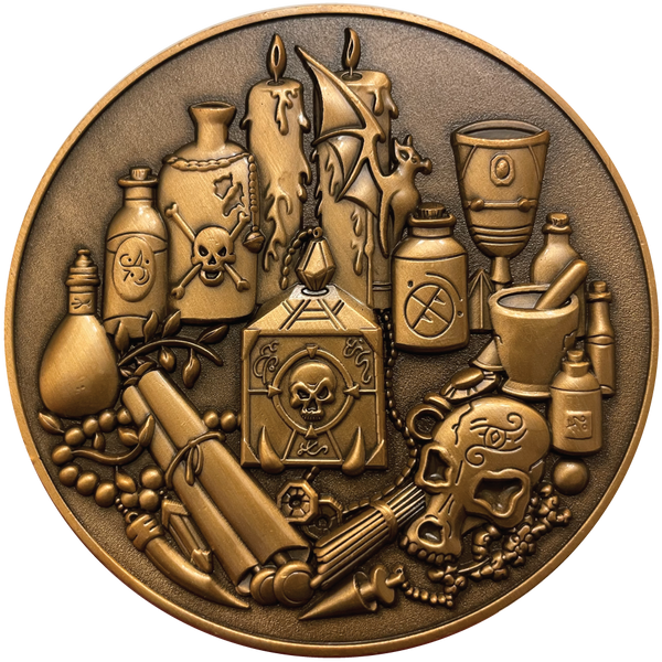 Load image into Gallery viewer, Copper metal coin showing spell supplies