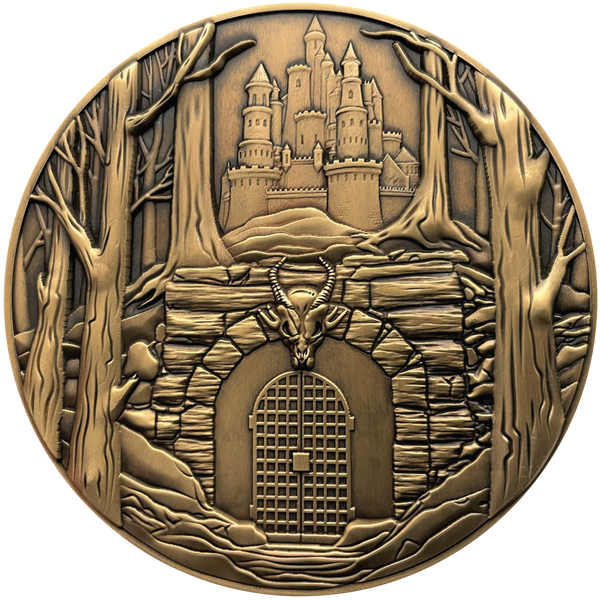 Load image into Gallery viewer, Gold metal coin showing gated dungeon entrance below castle