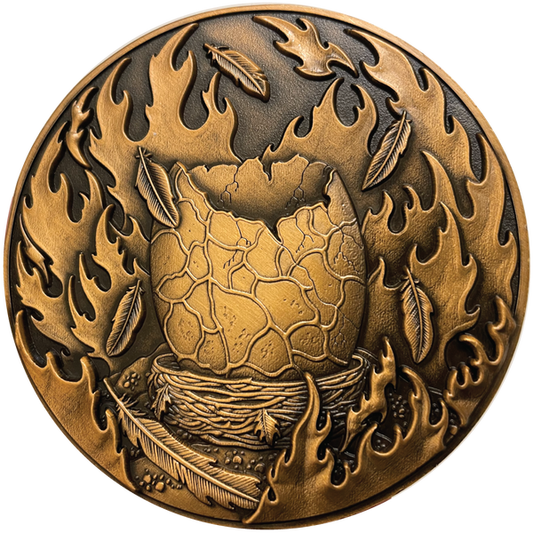 Load image into Gallery viewer, Copper metal coin showing egg surrounded by flames

