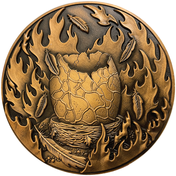 Load image into Gallery viewer, Copper metal coin showing egg surrounded by flames