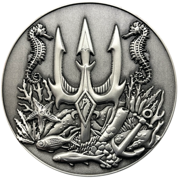 Load image into Gallery viewer, Silver metal coin with trident, seahorses, and fish
