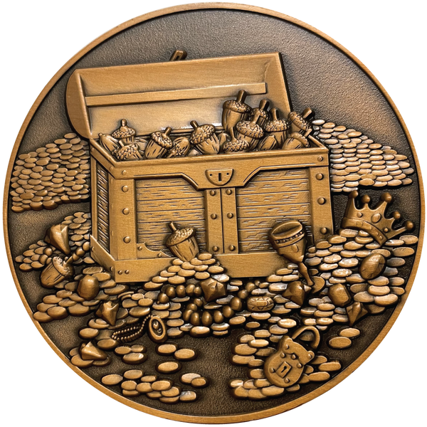 Load image into Gallery viewer, Copper metal coin with acorns, treasure, and treasure chest