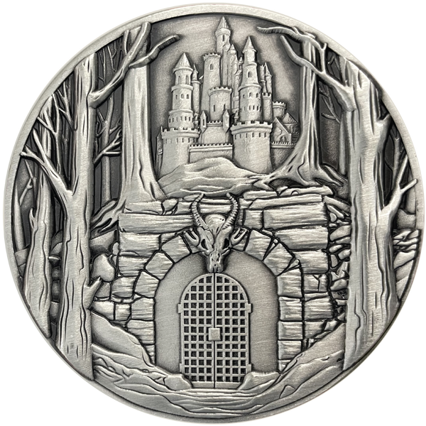 Load image into Gallery viewer, Silver metal coin showing dungeon entrance under castle
