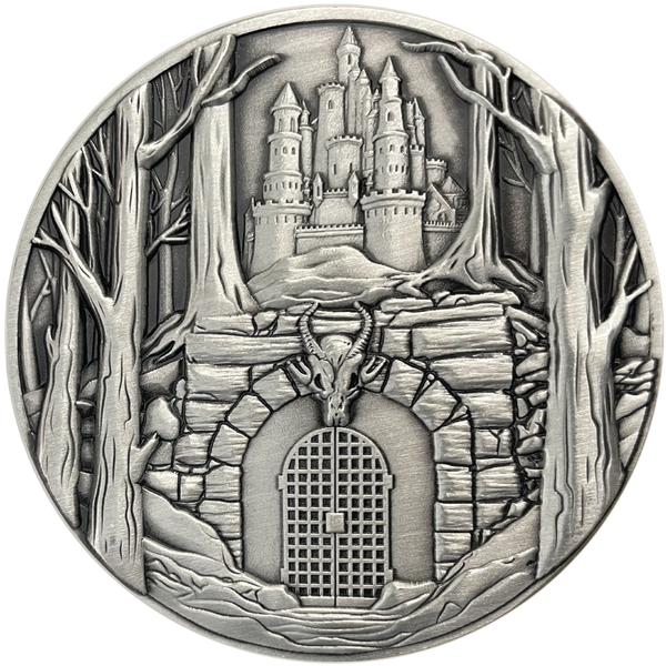 Load image into Gallery viewer, Silver metal coin showing dungeon entrance under castle