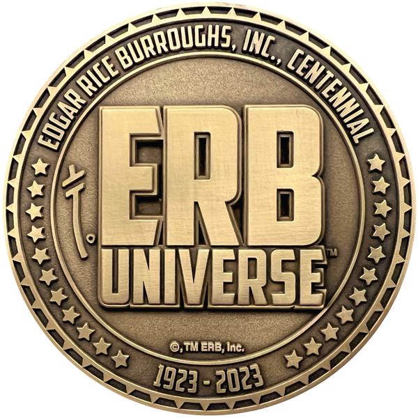 Load image into Gallery viewer, Gold metal coin showing ERB Universe logo