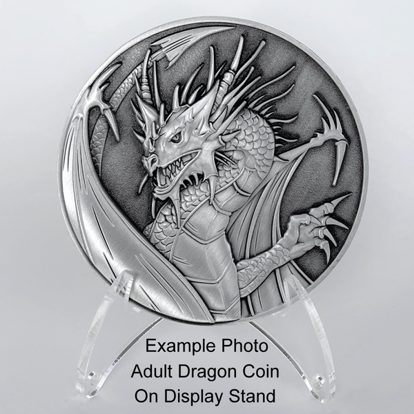 Load image into Gallery viewer, Silver dragon coin on plastic stand