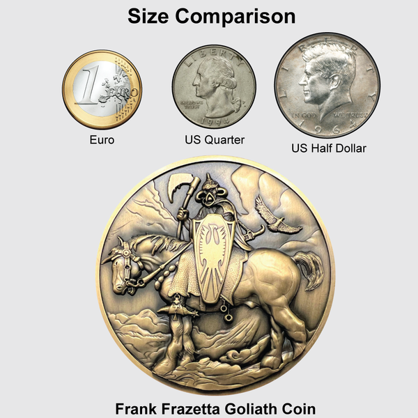 Load image into Gallery viewer, Chart showing size comparison between Goliath Coin (largest) and in order from small to large: Euro, US Quarter, US Half dollar
