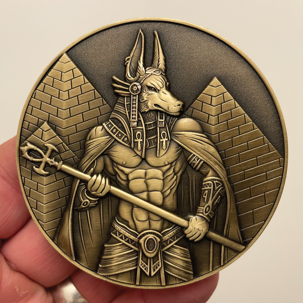 Load image into Gallery viewer, Gold metal coin in hand with Anubis next to pyramids
