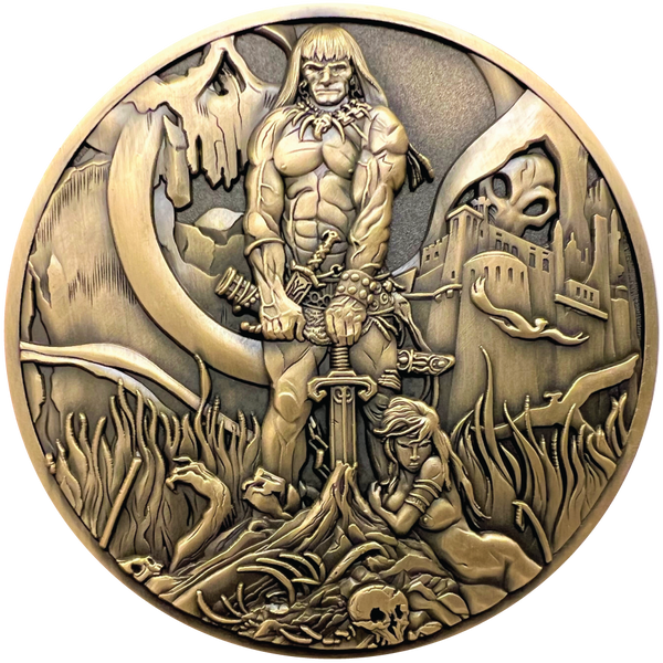 Load image into Gallery viewer, Gold metal coin showing Barbarian