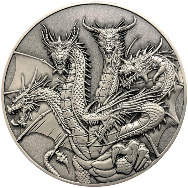 Load image into Gallery viewer, Silver metal coin showing Five-Headed dragon