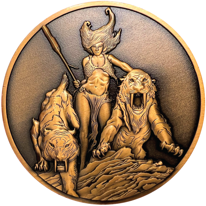Copper metal coin showing Huntress