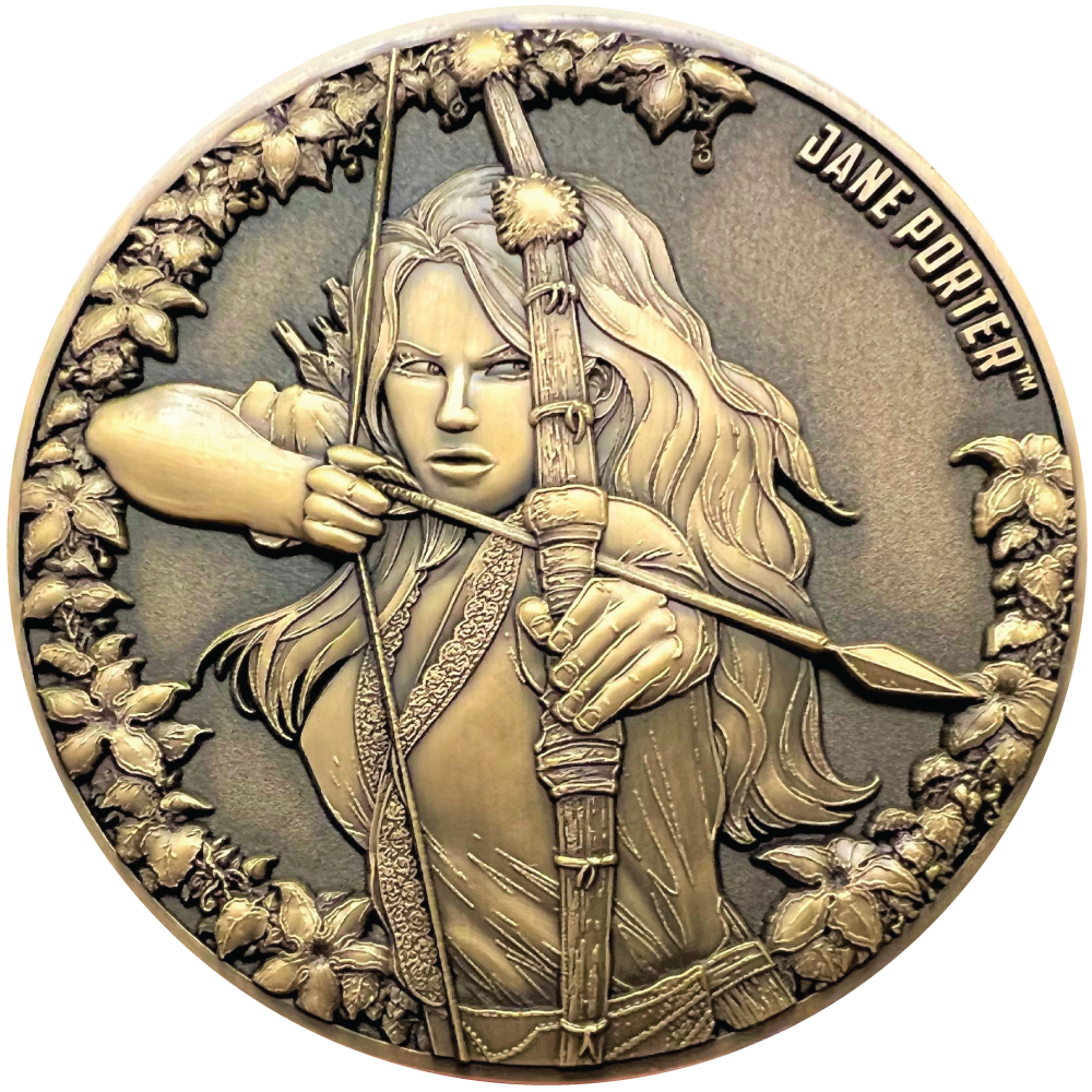 Metal display coin showing Jane Porter