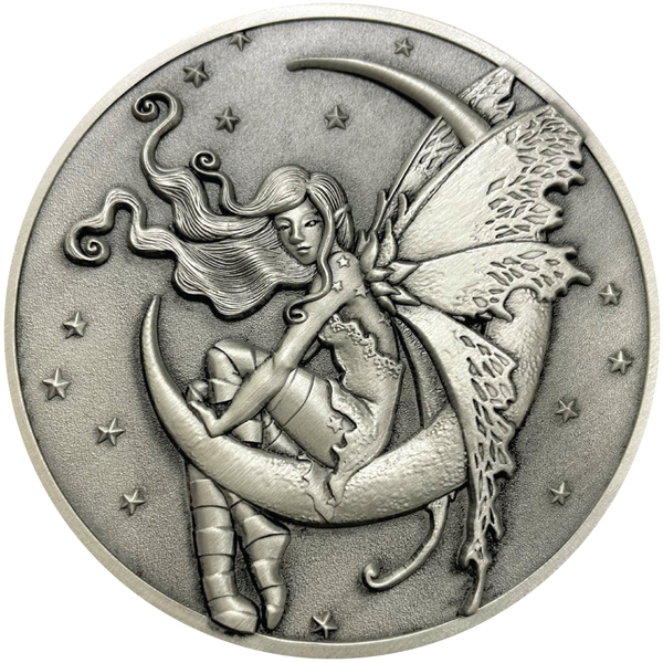 Load image into Gallery viewer, Silver metal coin showing fairy sitting on moon
