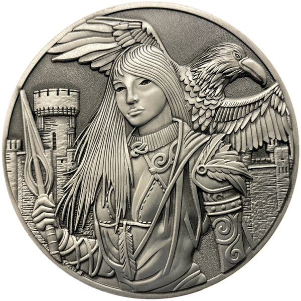Load image into Gallery viewer, Silver metal coin showing Morrigan
