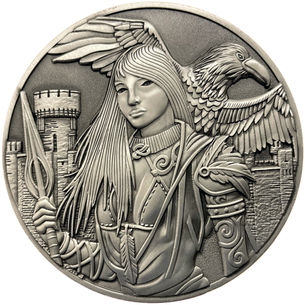 Load image into Gallery viewer, Silver metal coin showing Morrigan