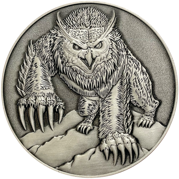 Load image into Gallery viewer, Silver metal coin showing Owlbear