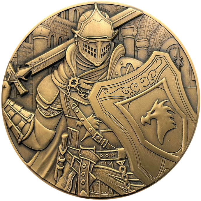 Gold metal coin showing Paladin in castle