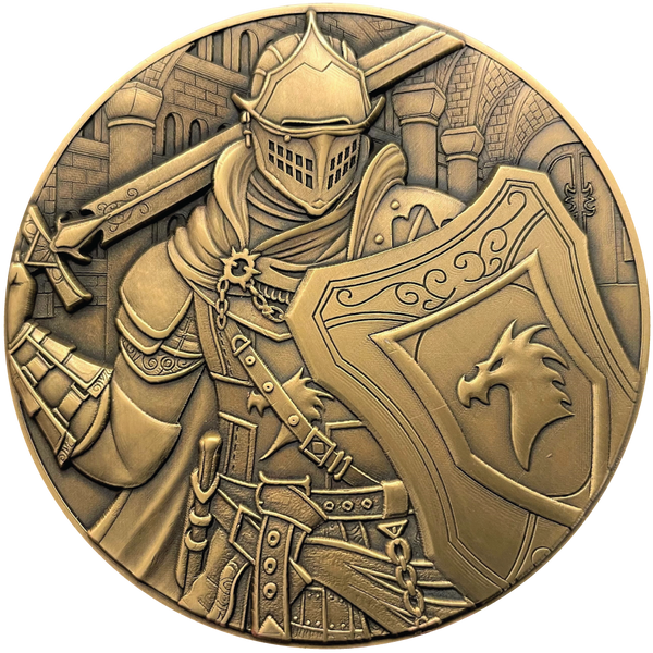 Load image into Gallery viewer, Gold metal coin showing Paladin in castle