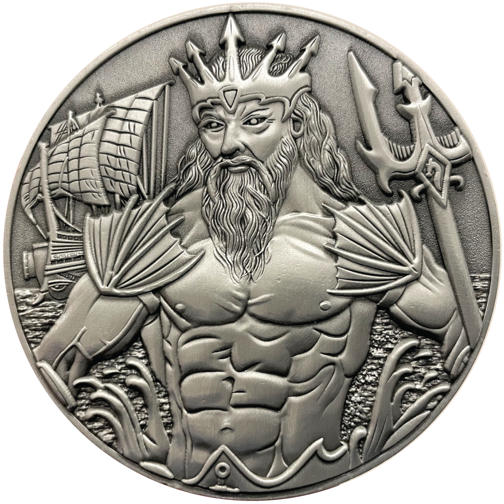 Silver metal coin with Poseidon