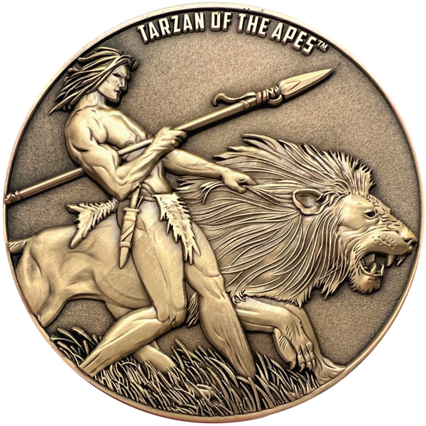 Load image into Gallery viewer, Gold metal coin showing Tarzan of the Apes
