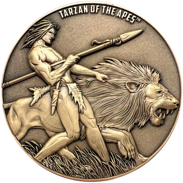 Load image into Gallery viewer, Gold metal coin showing Tarzan of the Apes