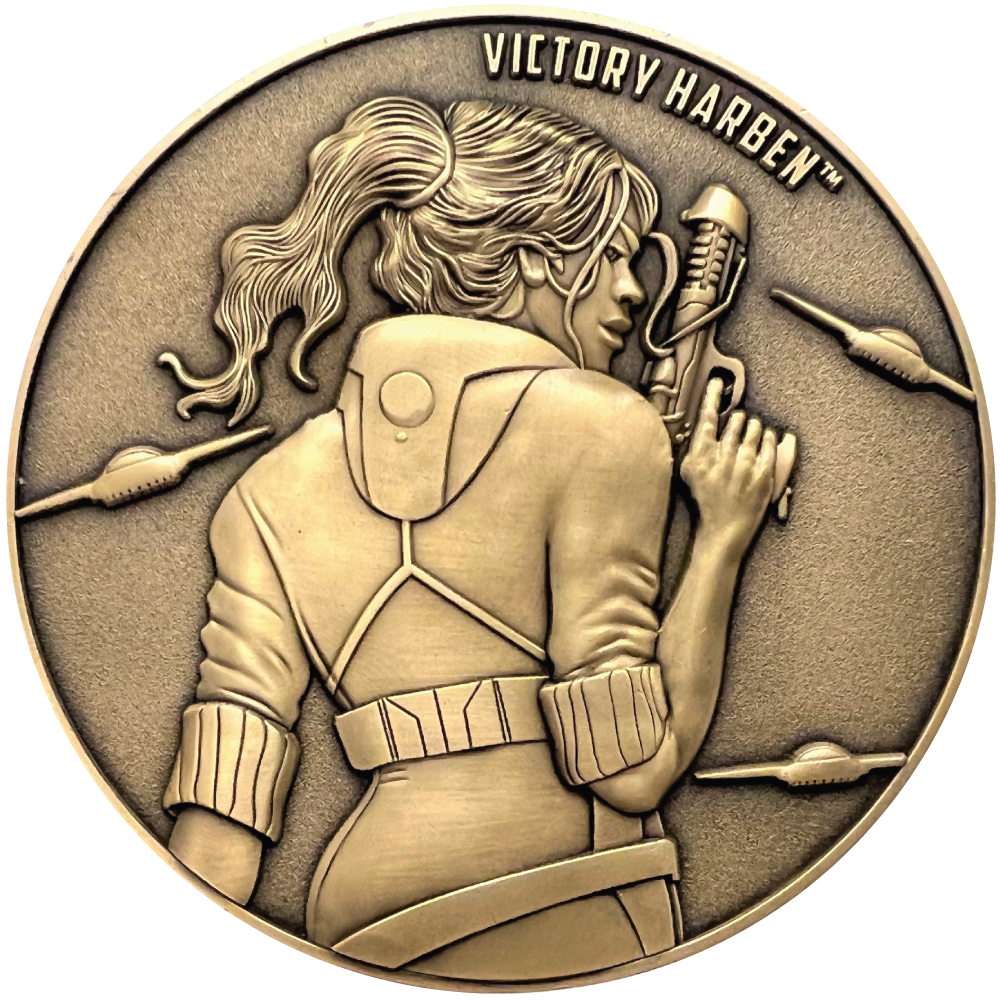 Gold metal coin showing Victory Harben