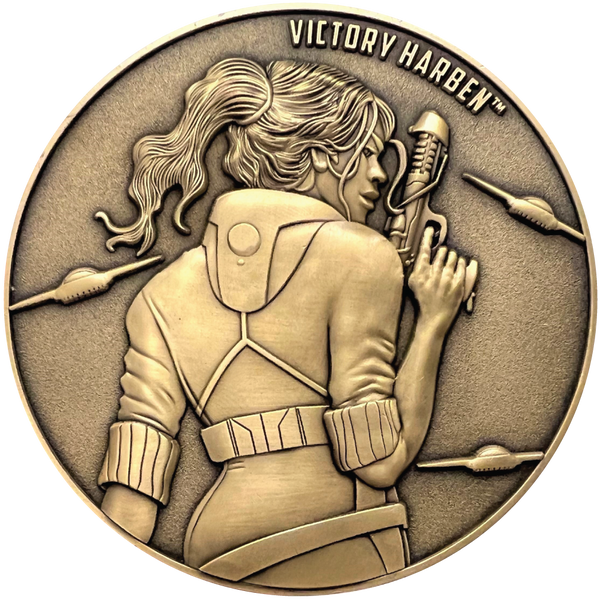 Load image into Gallery viewer, Gold metal coin showing Victory Harben