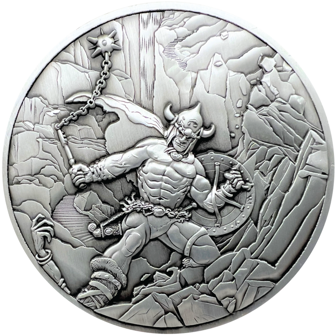 Silver metal coin showing Warrior with Ball and Chain