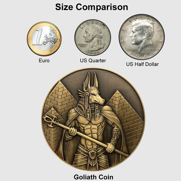 Load image into Gallery viewer, Chart showing size comparison between Goliath Coin (largest) and in order from small to large: Euro, US Quarter, US Half dollar
