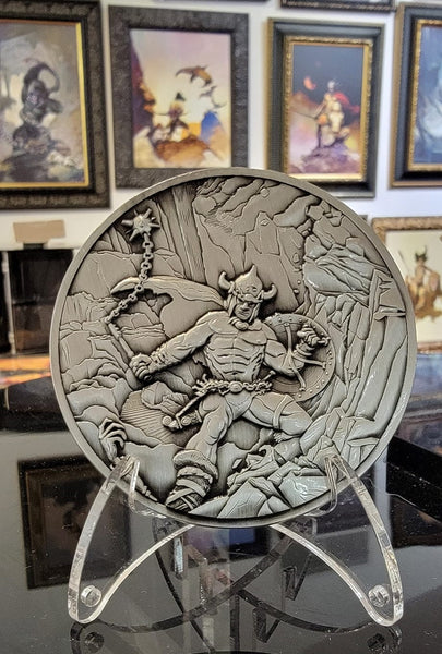 Load image into Gallery viewer, Warrior with Ball & Chain on stand at Frazetta museum