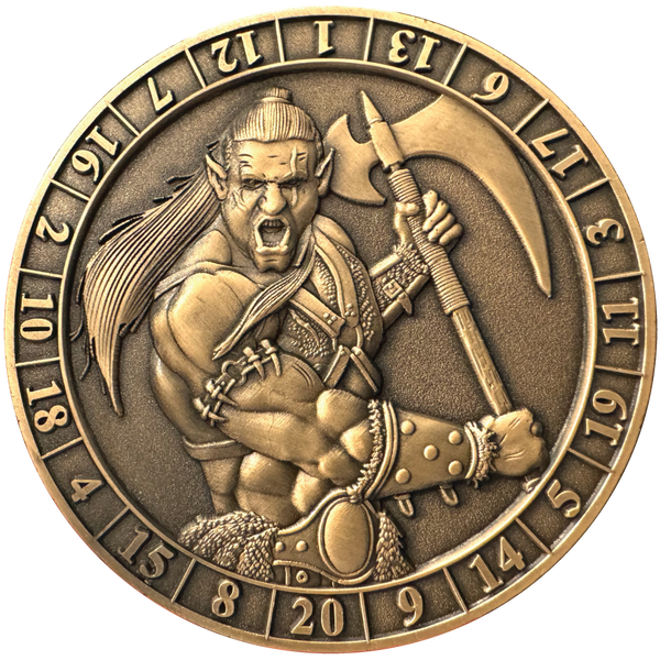 Load image into Gallery viewer, Photo of Dice Coin d20 Half-Orc Barbarian
