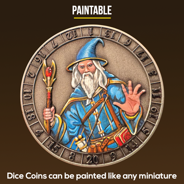 Load image into Gallery viewer, Photo showing painted Wizard Dice Coin. They can be painted like any miniature
