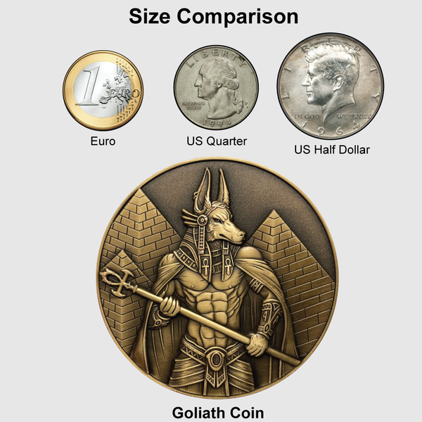 Load image into Gallery viewer, Chart showing size comparison between Goliath Coin (largest) and in order from small to large:  Euro, US Quarter, US Half dollar
