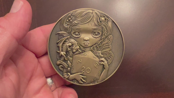 Load and play video in Gallery viewer, Jasmine Becket-Griffith&#39;s &quot;20 Sided Dice Fairy&quot; Goliath Coin
