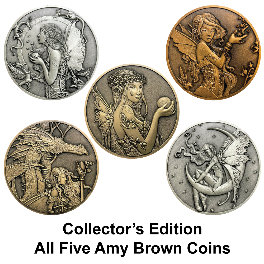 Picture showing two gold, two silver, and one copper fairy coins with the words Collector's Edition All Five Amy Brown Coins