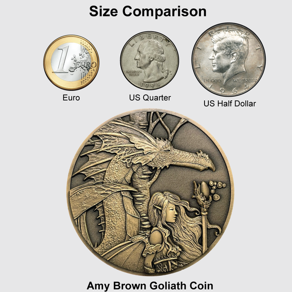 Load image into Gallery viewer, Chart showing size comparison between Goliath Coin (largest) and in order from small to large:  Euro, US Quarter, US Half dollar
