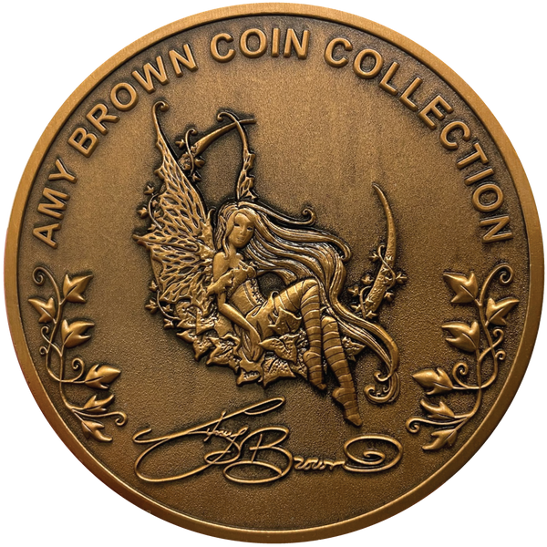 Load image into Gallery viewer, Copper metal coin with fairy, leaves, and the words Amy Brown Coin Collection
