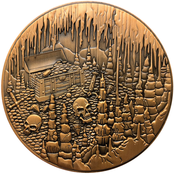 Load image into Gallery viewer, Copper metal coin showing treasure chest, skulls, and cavern
