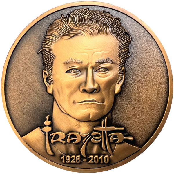 Load image into Gallery viewer, Copper metal coin showing Frazetta portrait, name, and years 1928-2010
