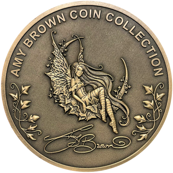 Load image into Gallery viewer, Gold metal coins showing fairy, leaves, and words Amy Brown Coin Collection
