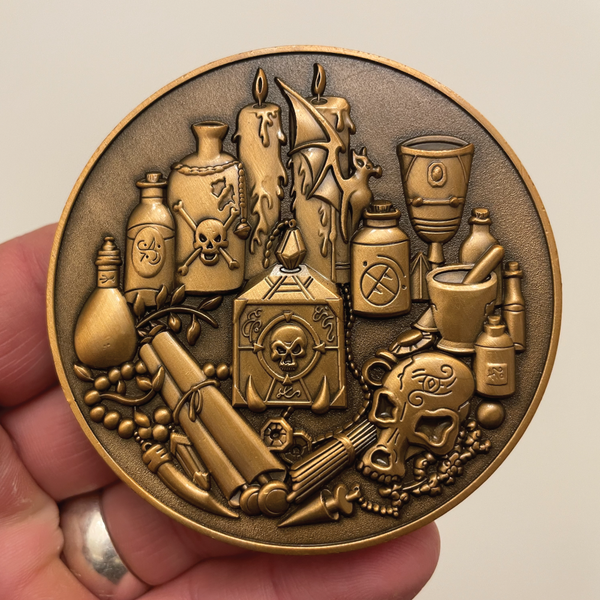 Load image into Gallery viewer, Copper metal coin in hand showing spell supplies
