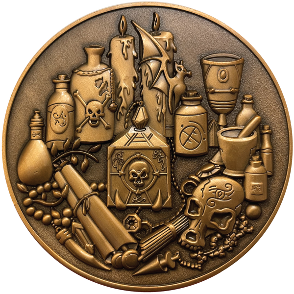 Load image into Gallery viewer, Copper metal coin showing spell supplies
