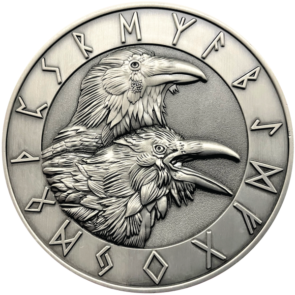 Load image into Gallery viewer, Silver metal coin showing Ravens and runes
