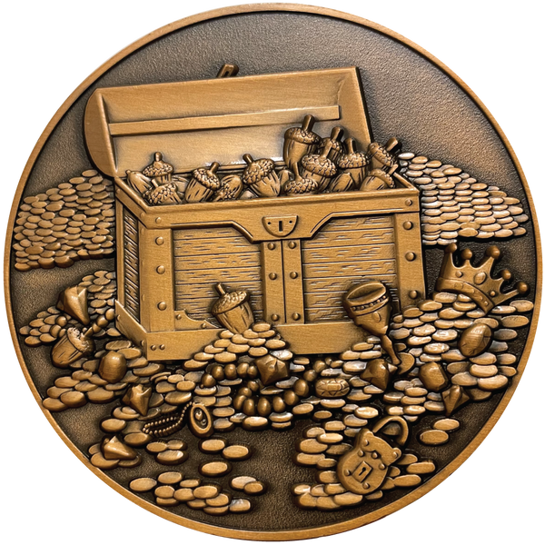 Load image into Gallery viewer, Copper metal coin with acorns, treasure, and treasure chest
