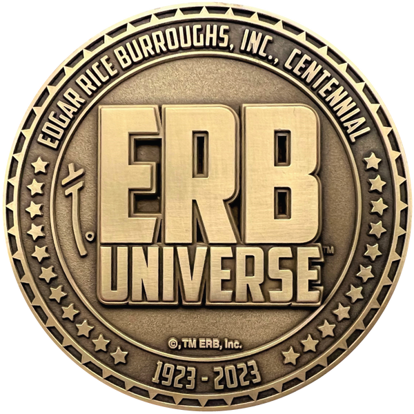 Load image into Gallery viewer, Gold metal coin showing ERB Universe logo
