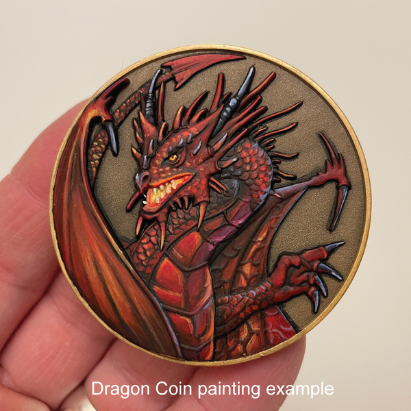 Load image into Gallery viewer, Gold metal coin with red painted dragon held in hand
