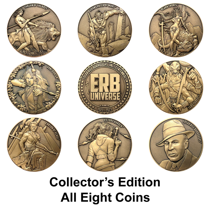 Photo of all nine of the Edgar Rice Burroughs coins listed on the product pages.  Tarzan, Jane, Dejah, John, Tars, ERB common side, Carson, Victory, ERB portrait